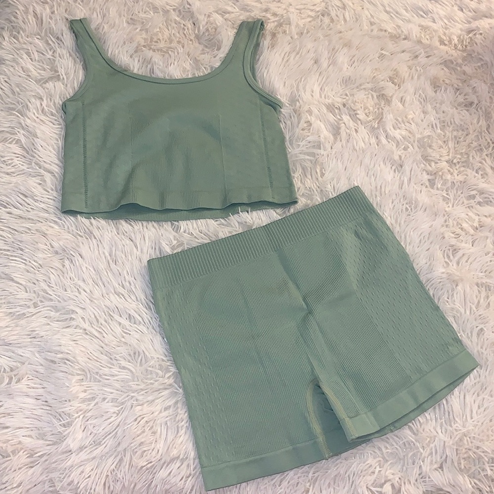 NWOT Sage Green Fitness Workout Top and Shorts Set